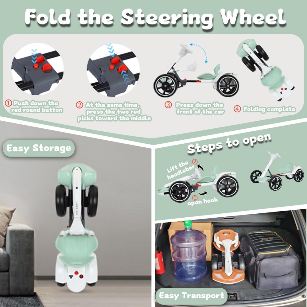 Masina Electrica Tip Kart pliabil de 6V cu scaun și volan reglabile pentru băieți și fete, muzică, roată pliabilă, lumini LED intermitente, Rosu