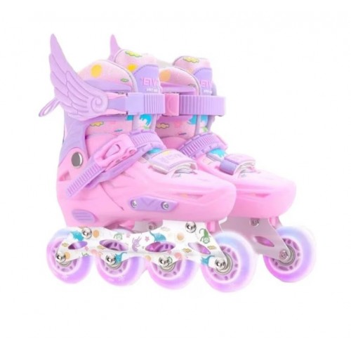Role copii 2 in 1, Angel Wings, cu casca, cotiere si genunchiere, masuri reglabile 31-34, roz, S