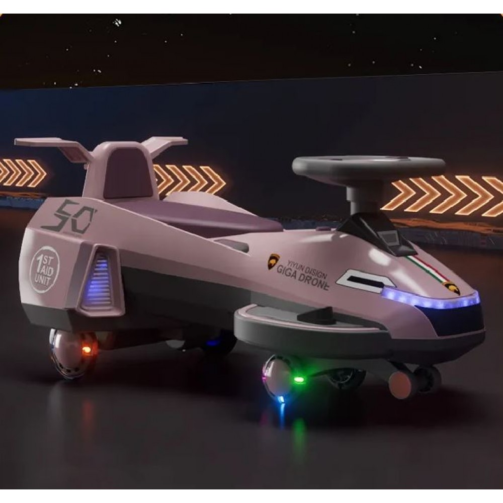 Masinuta Electrica cu Abur, Roz, Tip Nava Spatiala, cod 606, Pentru Copii, cu Volan si Lumini