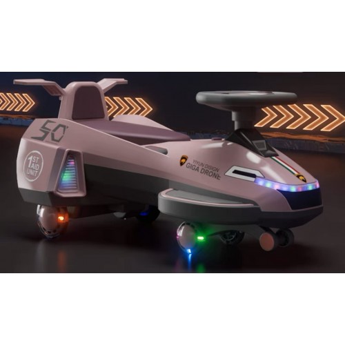 Masinuta Electrica cu Abur, Roz, Tip Nava Spatiala, cod 606, Pentru Copii, cu Volan si Lumini