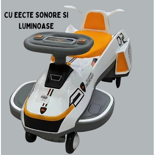 Masinuta Electrica cu Abur, Alb, Tip Nava Spatiala, cod 606, Pentru Copii, cu Volan si Lumini