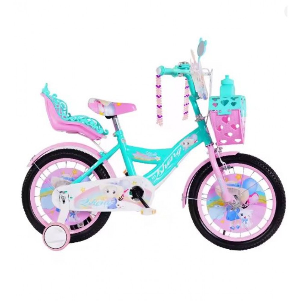 Bicicleta cu Cos Printesa ROZ intre 4 -8 ani, Scaun pentru papusi Roti ajutatoare, 20 inch, oglinda, aparatoare, frana de mana fata-spate