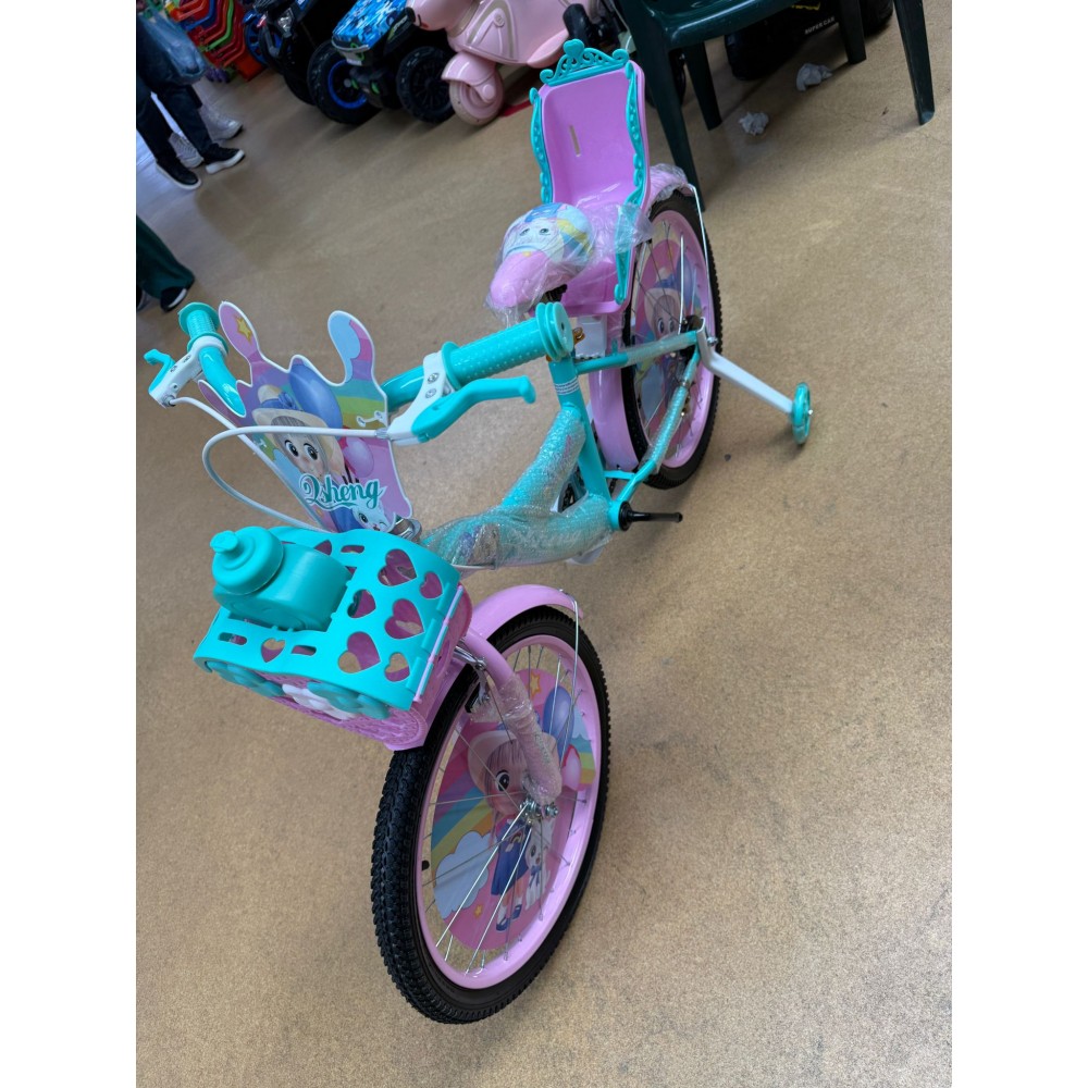 Bicicleta cu Cos Printesa ROZ intre 4 -8 ani, Scaun pentru papusi Roti ajutatoare, 20 inch, oglinda, aparatoare, frana de mana fata-spate
