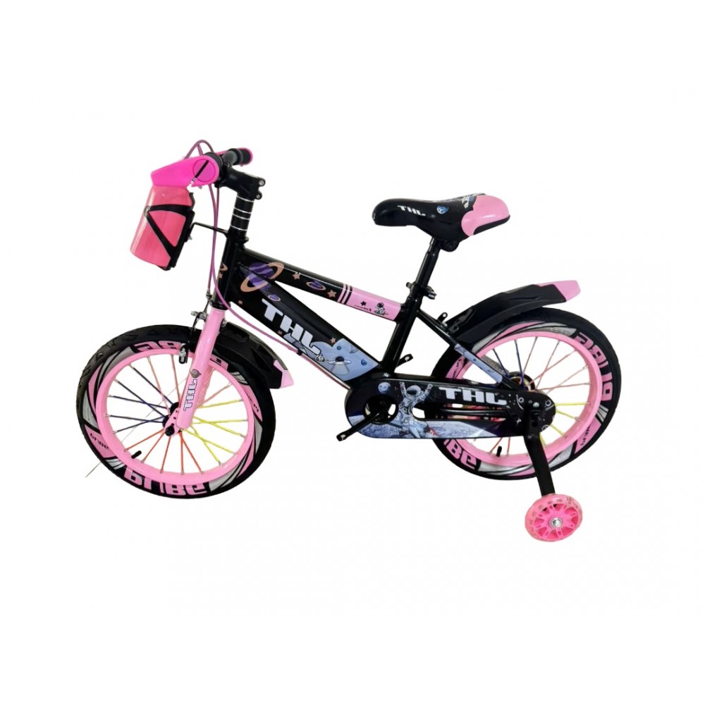 Bicicleta copii 7-10 ani cu roti ajutatoare si bidon pentru apa in suport JHT, 18 inch, Roz