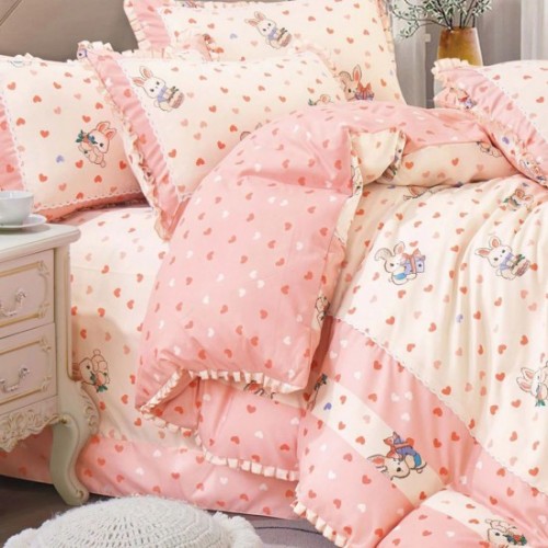 Lenjerie de pat 4 piese dublu Deluxe din Bumbac Soft Touch cu Volanase, VOL-16 Lenjerie de pat 4 piese dublu Deluxe din Bumbac Soft Touch cu Volanase, VOL-16