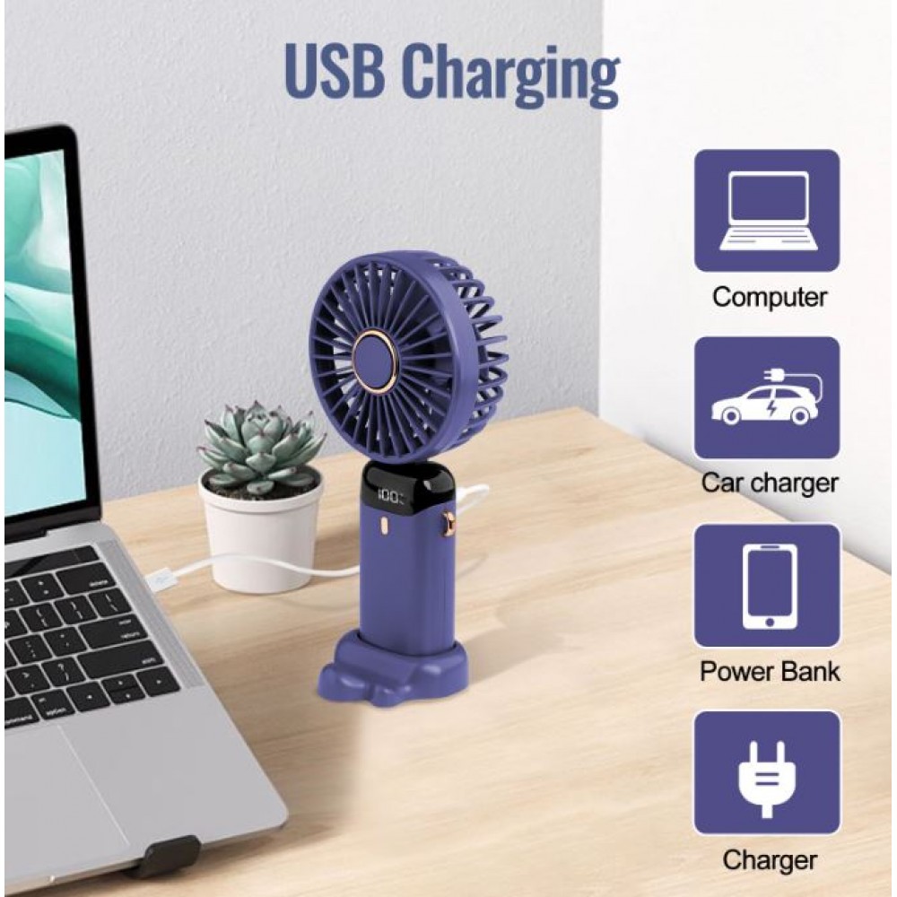 Ventilator portabil, 3 in 1, De Mana, De Birou, De Gat, 5 viteze, afisaj LED, Pliabil, incarcare USB, violet