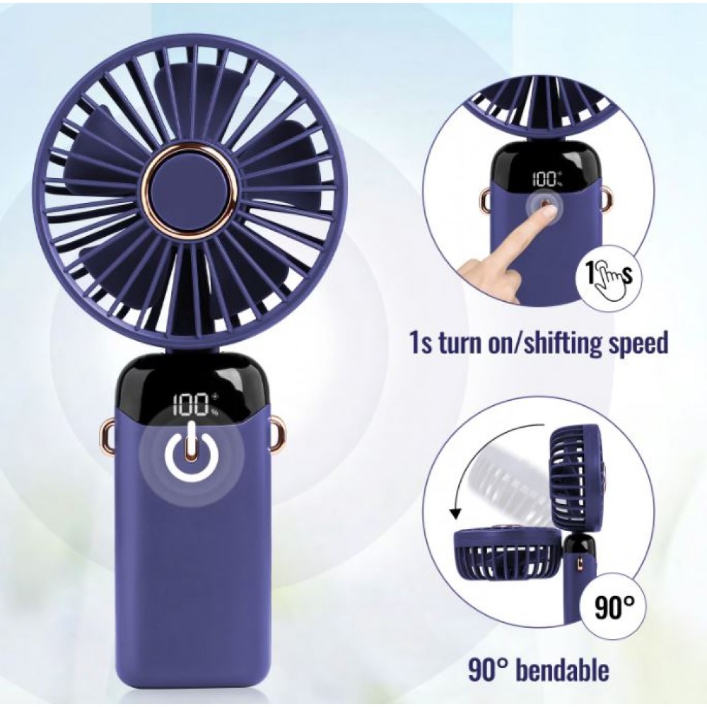 Ventilator portabil, 3 in 1, De Mana, De Birou, De Gat, 5 viteze, afisaj LED, Pliabil, incarcare USB, violet
