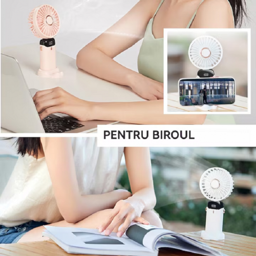 Ventilator portabil, 3 in 1, De Mana, De Birou, De Gat, 5 viteze, afisaj LED, Pliabil, incarcare USB, Albastru