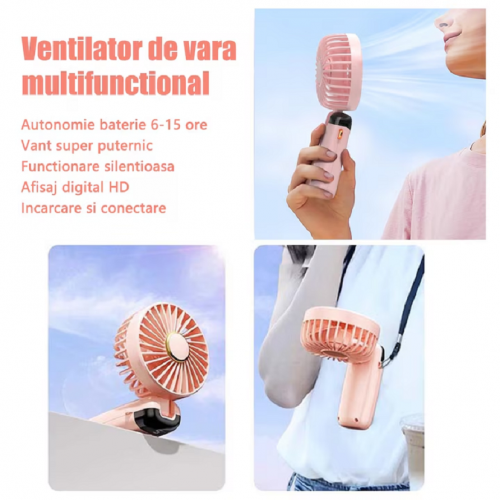 Ventilator portabil, 3 in 1, De Mana, De Birou, De Gat, 5 viteze, afisaj LED, Pliabil, incarcare USB, ROZ