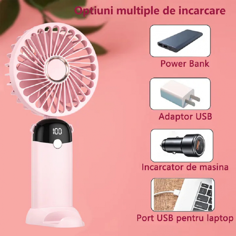 Ventilator portabil, 3 in 1, De Mana, De Birou, De Gat, 5 viteze, afisaj LED, Pliabil, incarcare USB, ALB