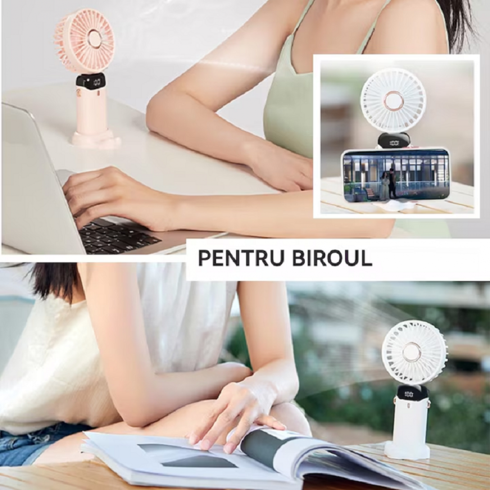 Ventilator portabil, 3 in 1, De Mana, De Birou, De Gat, 5 viteze, afisaj LED, Pliabil, incarcare USB, ALB