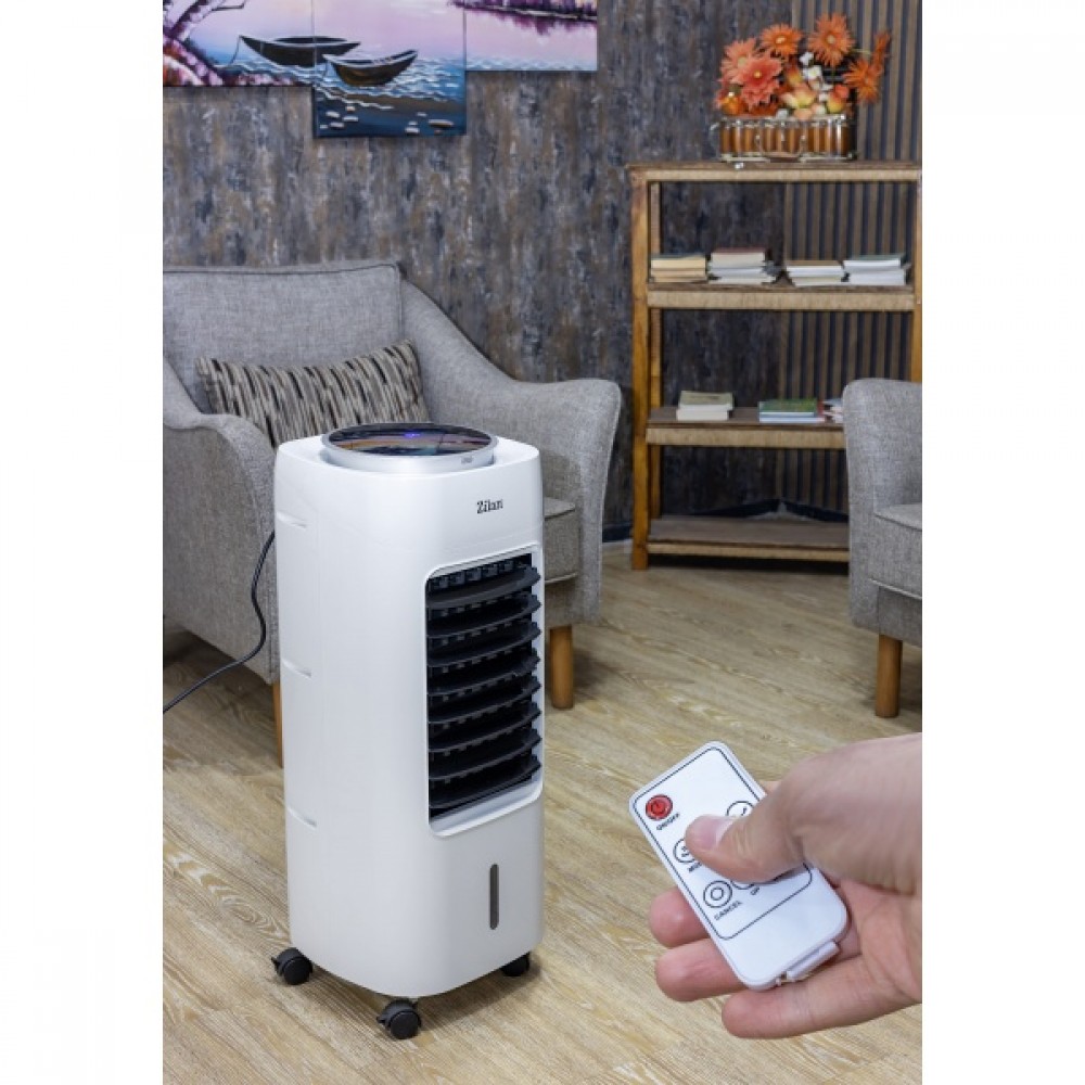 Ventilator cu racitor si purificator de aer mobil ZILAN, Racire/Umidificare/Purificare, Telecomanda, Temporizator 1-12 ore Rezervor apa 7 l, Portabil, Alb