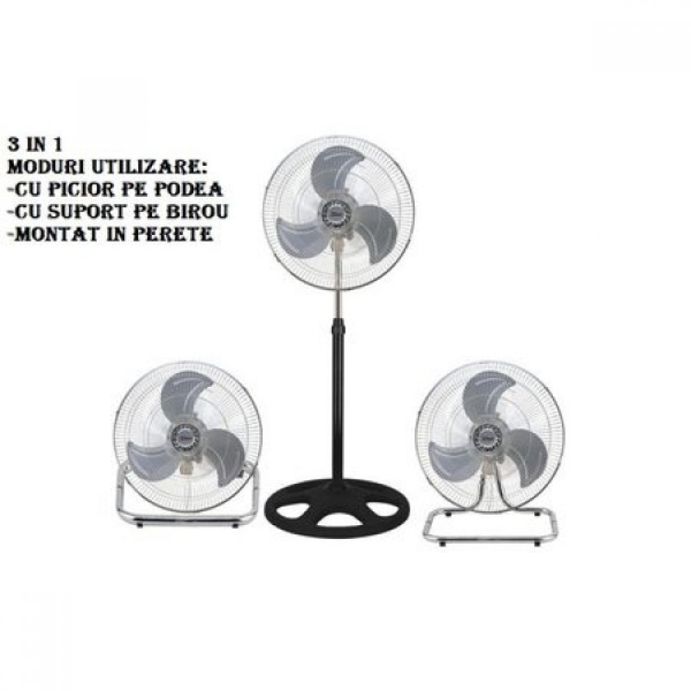 Ventilator cu picior FLORIA ,negru cu gri 3 in 1, Putere 55 W, 3 viteze, diametru 45 cm