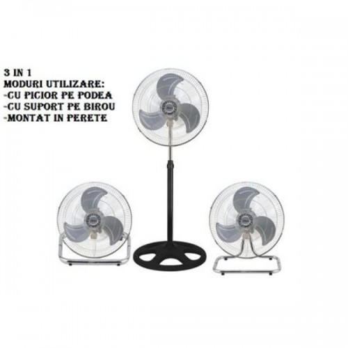 Ventilator cu picior FLORIA ,negru cu gri 3 in 1, Putere 55 W, 3 viteze, diametru 45 cm