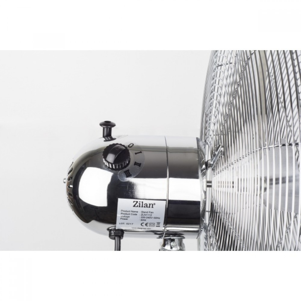 Ventilator inox cu picior ZİLAN, Putere 50 W, cu 3 trepte de viteza, oscilatie automata, debit 6000mc/h, maner pentru transport facil, 4 pozitii de ajustare pe verticala, Inaltime reglabila 88-120 cm