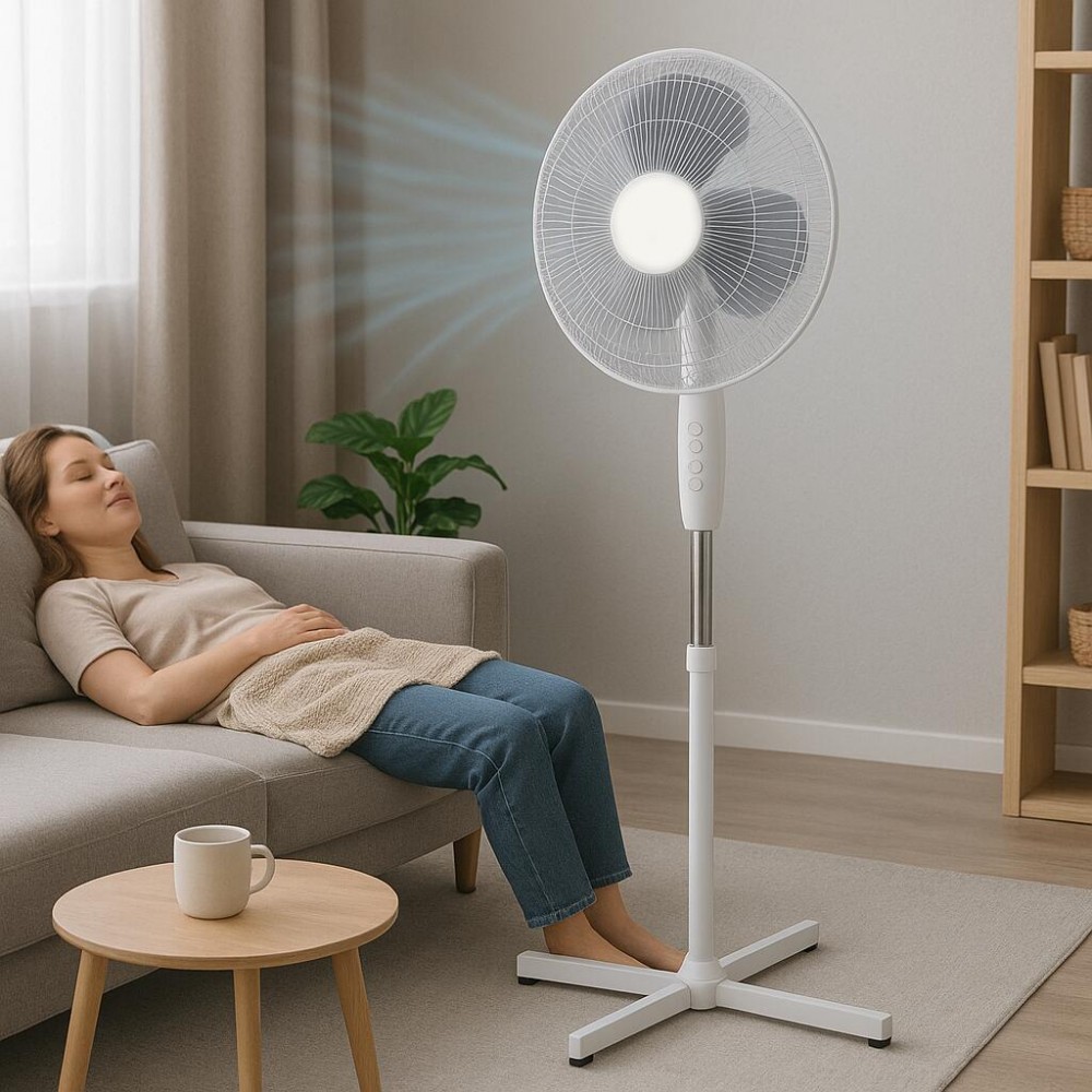 Ventilator cu picior Hausberg, 55W, 16 inch, 3 viteze, oscilatie, inaltime reglabila, alb