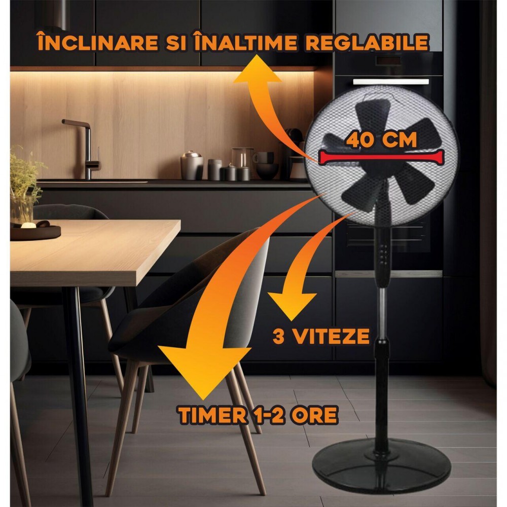 Ventilator cu picior Hausberg Speed, 40W-55W, 40 cm, 3 viteze, timer 1-2 ore, oscilatie, inaltime reglabila, negru