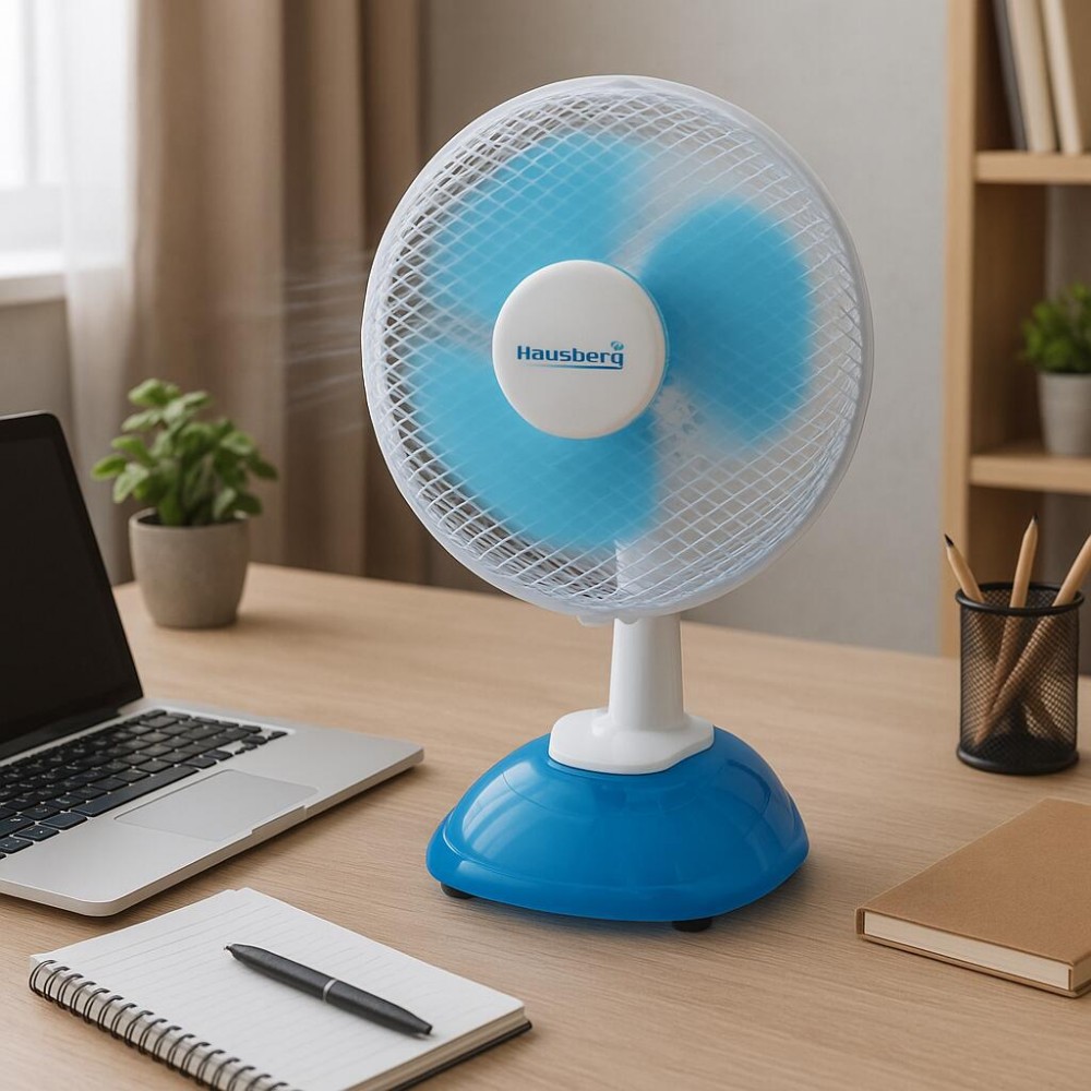 Ventilator birou Hausberg, 15W-20W, 15 cm, 2 viteze, alb-albastru
