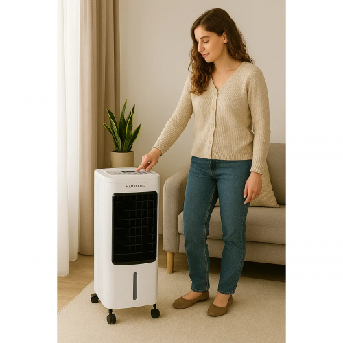 Ventilator cu racire si umidificare Hausberg, 3 viteze, temporizator 12h, rezervor 4L, telecomanda, alb