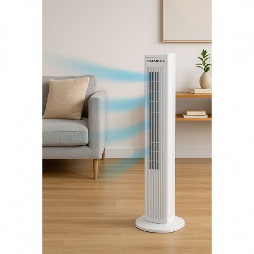 Ventilator turn digital Hausberg, 55W, 41 inch, 3 viteze, 3 moduri, temporizator 24h, LED, oscilatie, telecomanda, difuzor parfum, alb