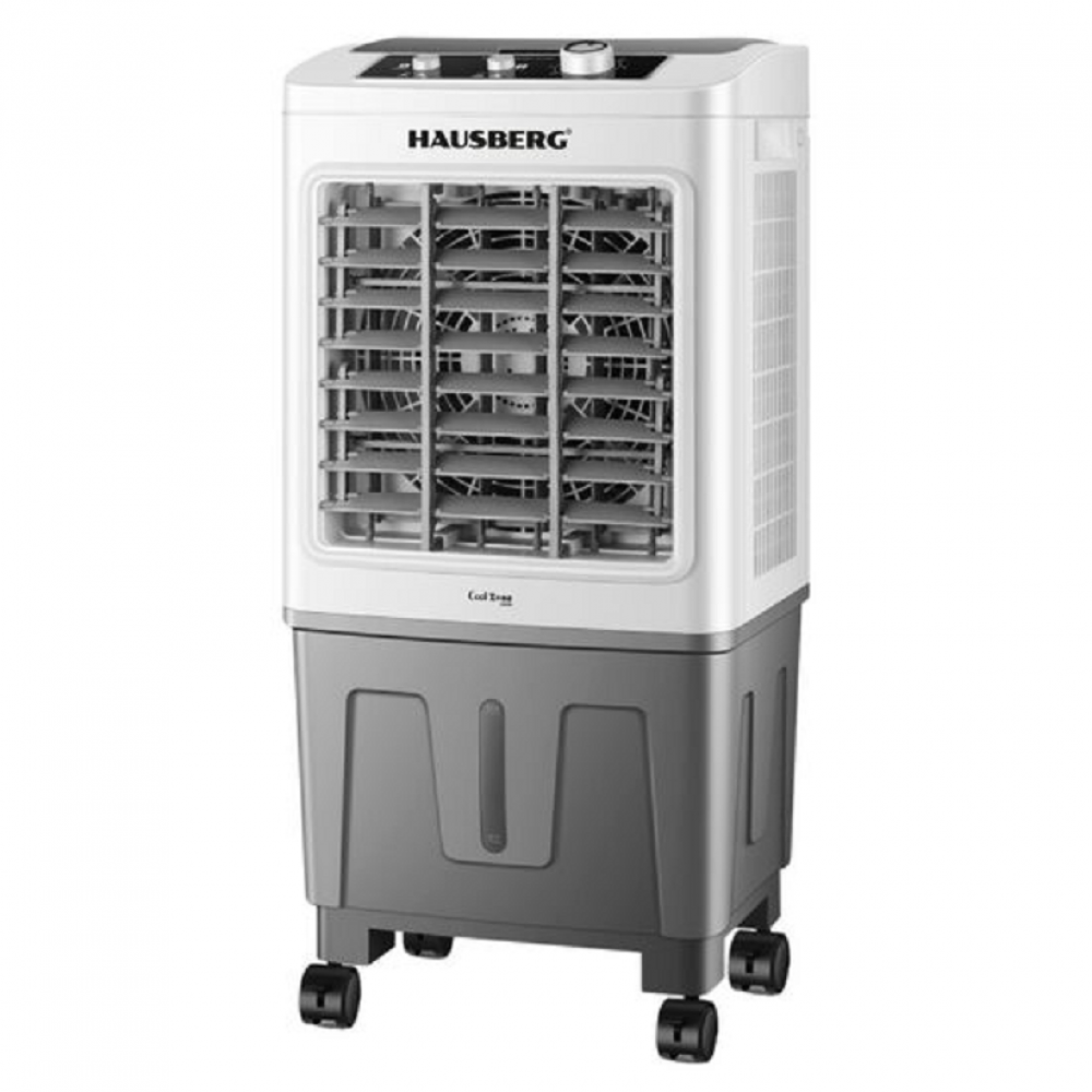 Racitor de aer portabil Hausberg, 75W, rezervor 20L, 3 viteze, control mecanic, 2 cutii gheata, alb