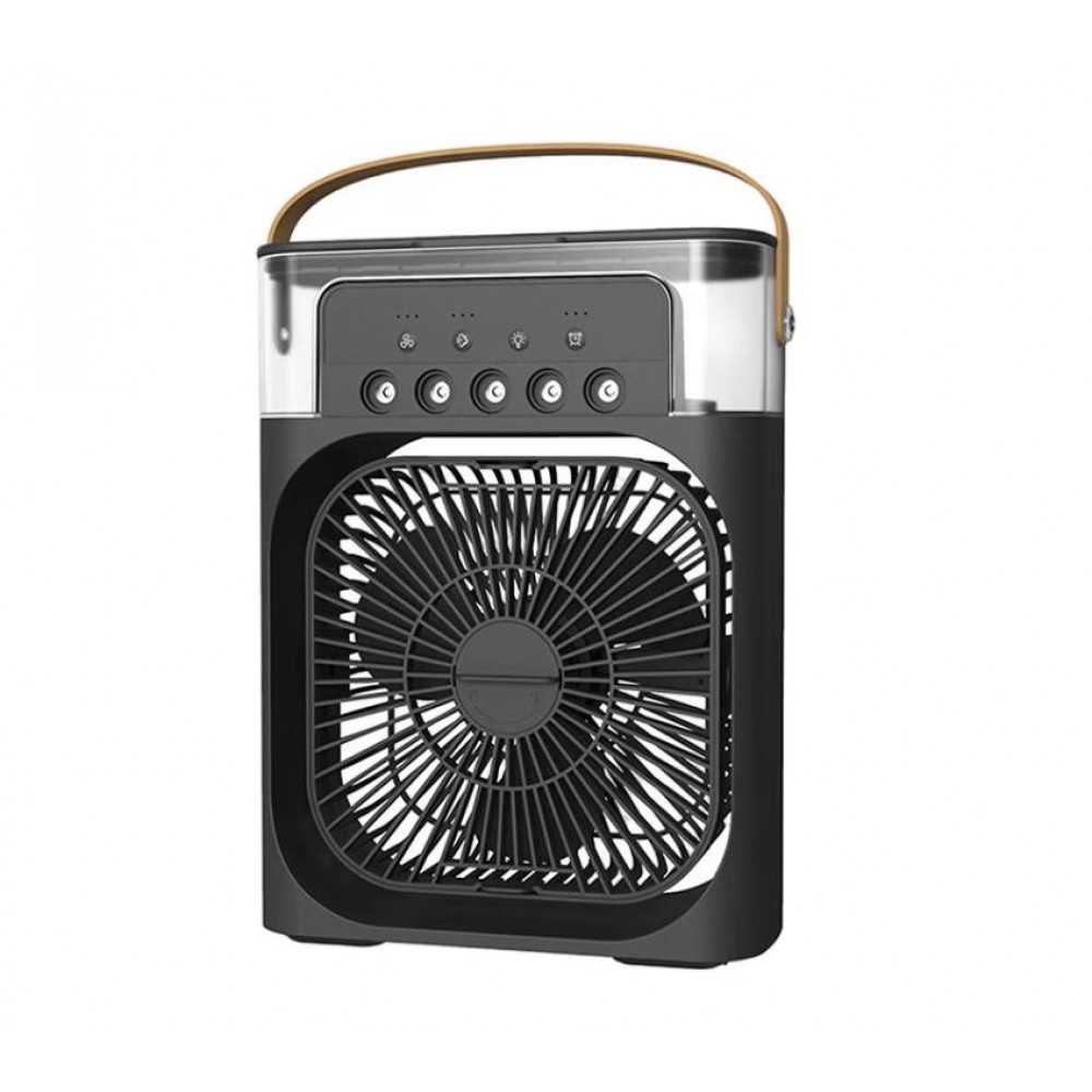 Mini ventilator portabil, 3 in 1, racitor de aer, umidificator, fundal RGB, 7 moduri de lumina, rezervor apa 600 ml, 25x20x8.5 cm, negru