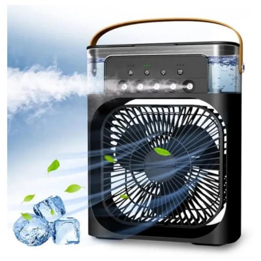 Mini ventilator portabil, 3 in 1, racitor de aer, umidificator, fundal RGB, 7 moduri de lumina, rezervor apa 600 ml, 25x20x8.5 cm, negru