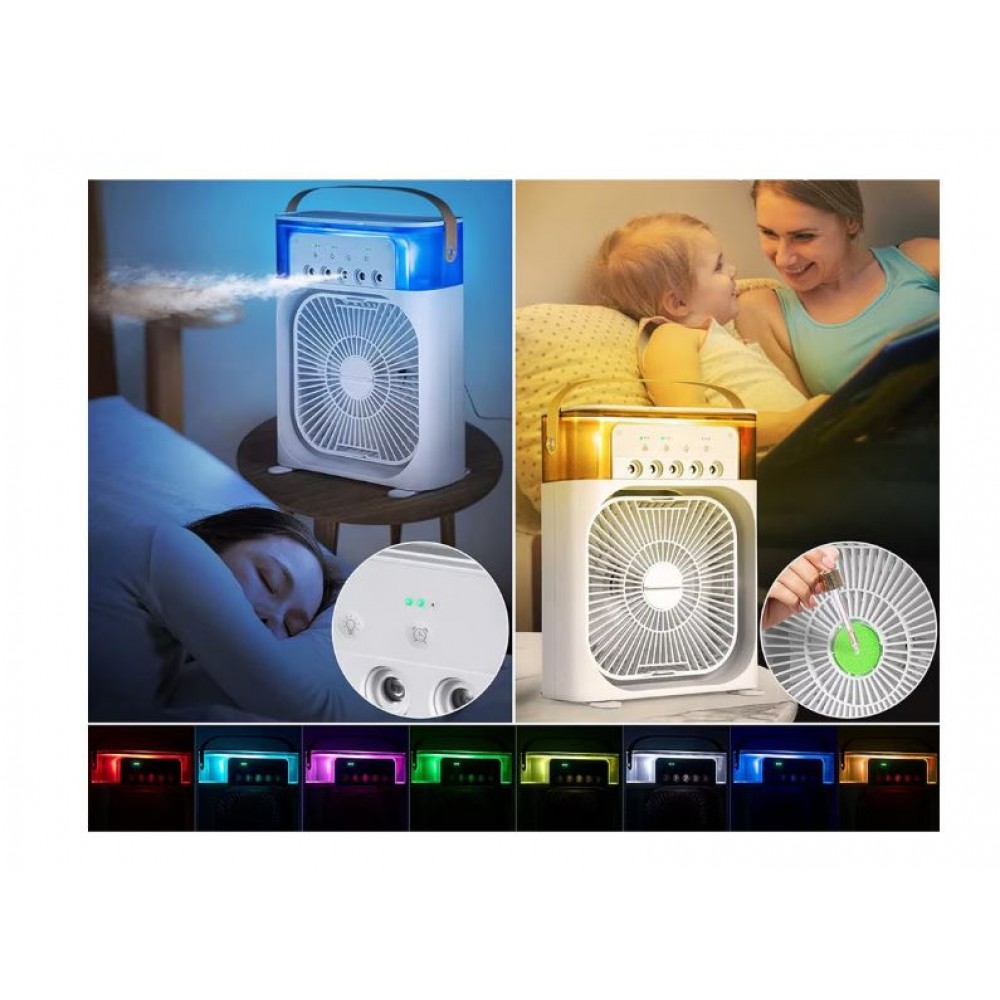 Mini ventilator portabil, 3 in 1, racitor de aer, umidificator, fundal RGB, 7 moduri de lumina, rezervor apa 600 ml, 25x20x8.5 cm, ALB