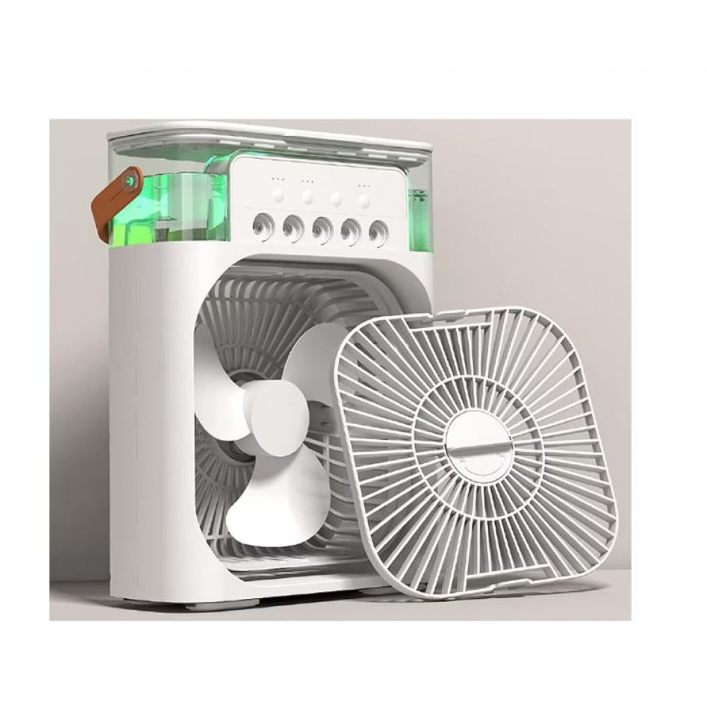 Mini ventilator portabil, 3 in 1, racitor de aer, umidificator, fundal RGB, 7 moduri de lumina, rezervor apa 600 ml, 25x20x8.5 cm, ALB