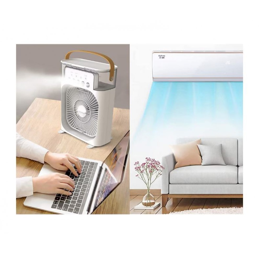Mini ventilator portabil, 3 in 1, racitor de aer, umidificator, fundal RGB, 7 moduri de lumina, rezervor apa 600 ml, 25x20x8.5 cm, ALB