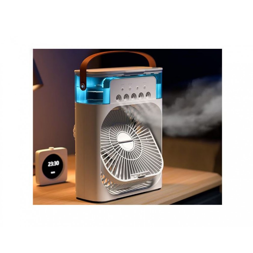 Mini ventilator portabil, 3 in 1, racitor de aer, umidificator, fundal RGB, 7 moduri de lumina, rezervor apa 600 ml, 25x20x8.5 cm, ALB