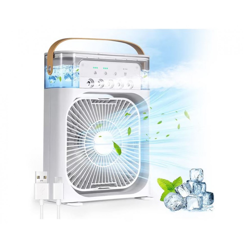 Mini ventilator portabil, 3 in 1, racitor de aer, umidificator, fundal RGB, 7 moduri de lumina, rezervor apa 600 ml, 25x20x8.5 cm, ALB
