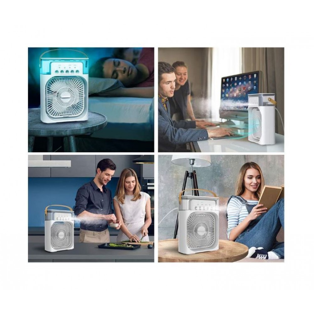 Mini ventilator portabil, 3 in 1, racitor de aer, umidificator, fundal RGB, 7 moduri de lumina, rezervor apa 600 ml, 25x20x8.5 cm, ALB