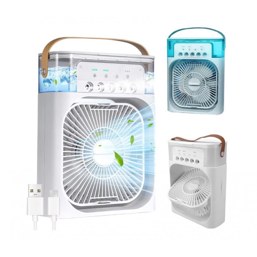 Mini ventilator portabil, 3 in 1, racitor de aer, umidificator, fundal RGB, 7 moduri de lumina, rezervor apa 600 ml, 25x20x8.5 cm, ALB