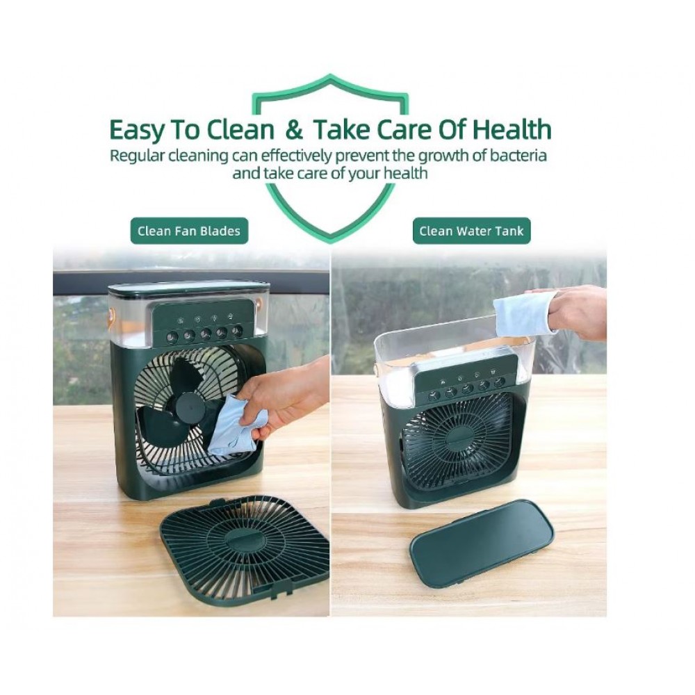 Mini ventilator portabil, 3 in 1, racitor de aer, umidificator, fundal RGB, 7 moduri de lumina, rezervor apa 600 ml, 25x20x8.5 cm, VERDE