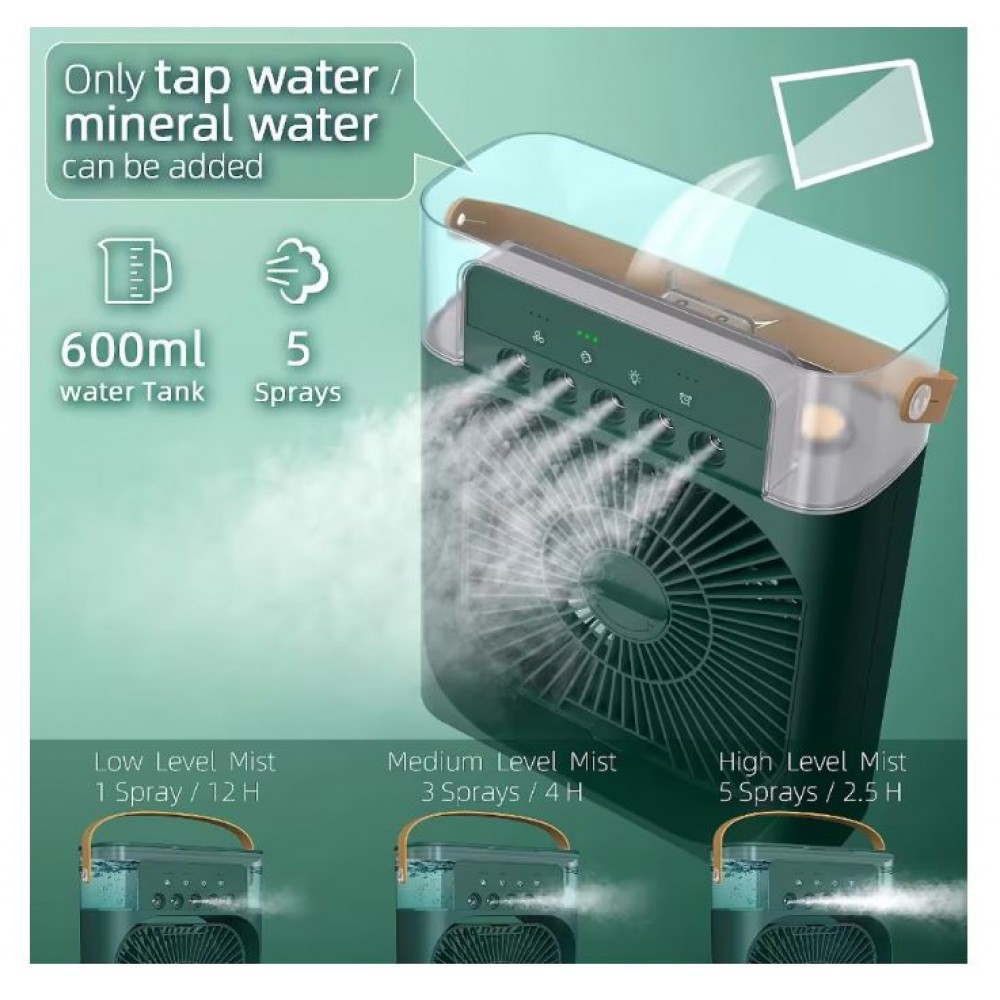 Mini ventilator portabil, 3 in 1, racitor de aer, umidificator, fundal RGB, 7 moduri de lumina, rezervor apa 600 ml, 25x20x8.5 cm, VERDE