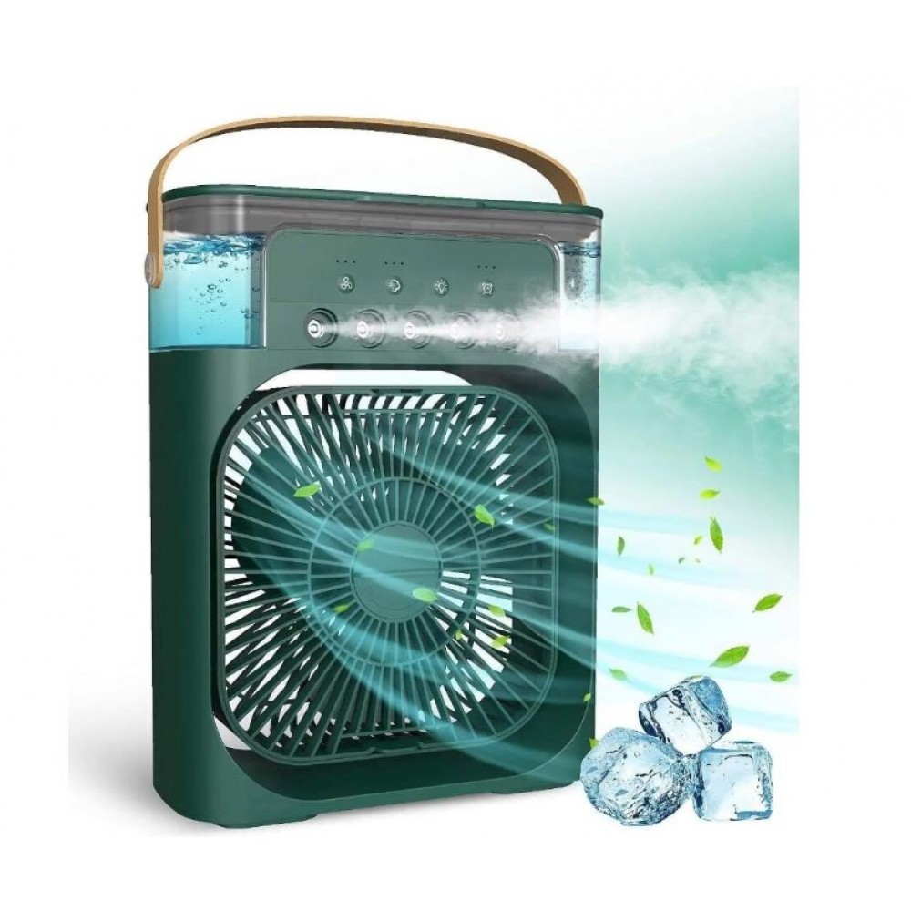 Mini ventilator portabil, 3 in 1, racitor de aer, umidificator, fundal RGB, 7 moduri de lumina, rezervor apa 600 ml, 25x20x8.5 cm, VERDE