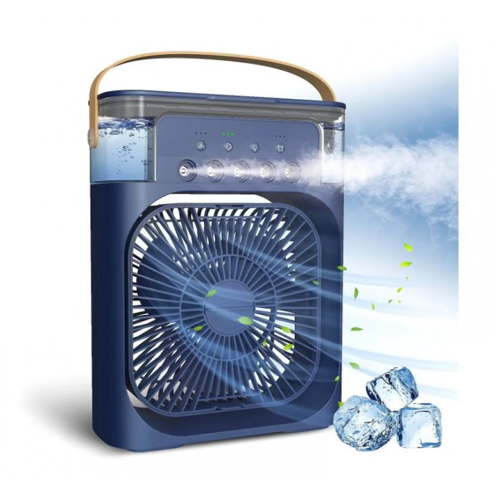 Mini ventilator portabil, 3 in 1, racitor de aer, umidificator, fundal RGB, 7 moduri de lumina, rezervor apa 600 ml, 25x20x8.5 cm, ALBASTRU