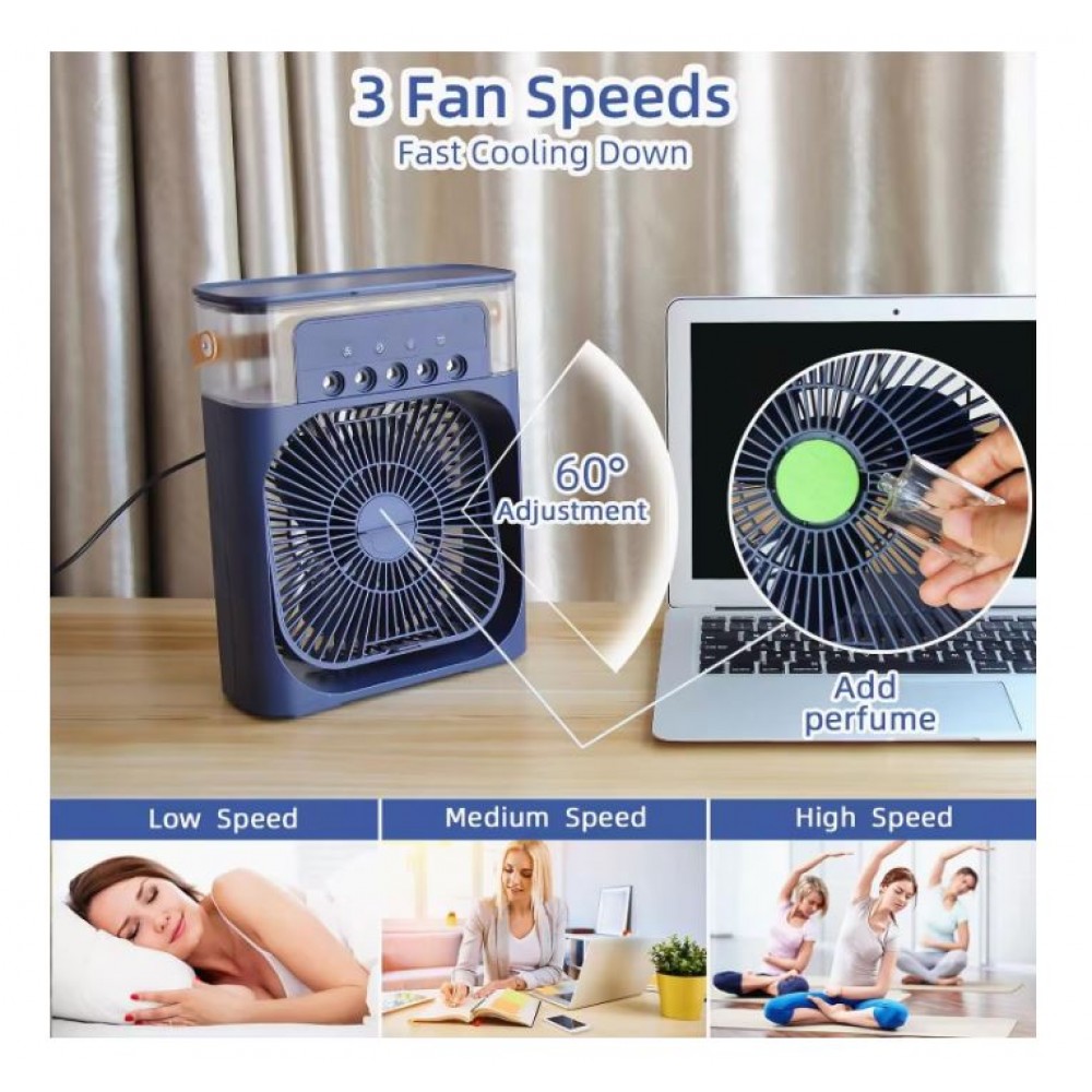 Mini ventilator portabil, 3 in 1, racitor de aer, umidificator, fundal RGB, 7 moduri de lumina, rezervor apa 600 ml, 25x20x8.5 cm, ALBASTRU