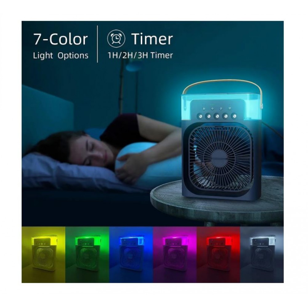 Mini ventilator portabil, 3 in 1, racitor de aer, umidificator, fundal RGB, 7 moduri de lumina, rezervor apa 600 ml, 25x20x8.5 cm, ALBASTRU