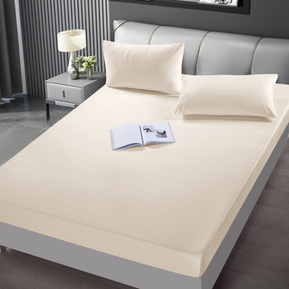 Husa de pat din Catifea cu Elastic cu 2 fete de perna 180x200 Crem HSCJ01