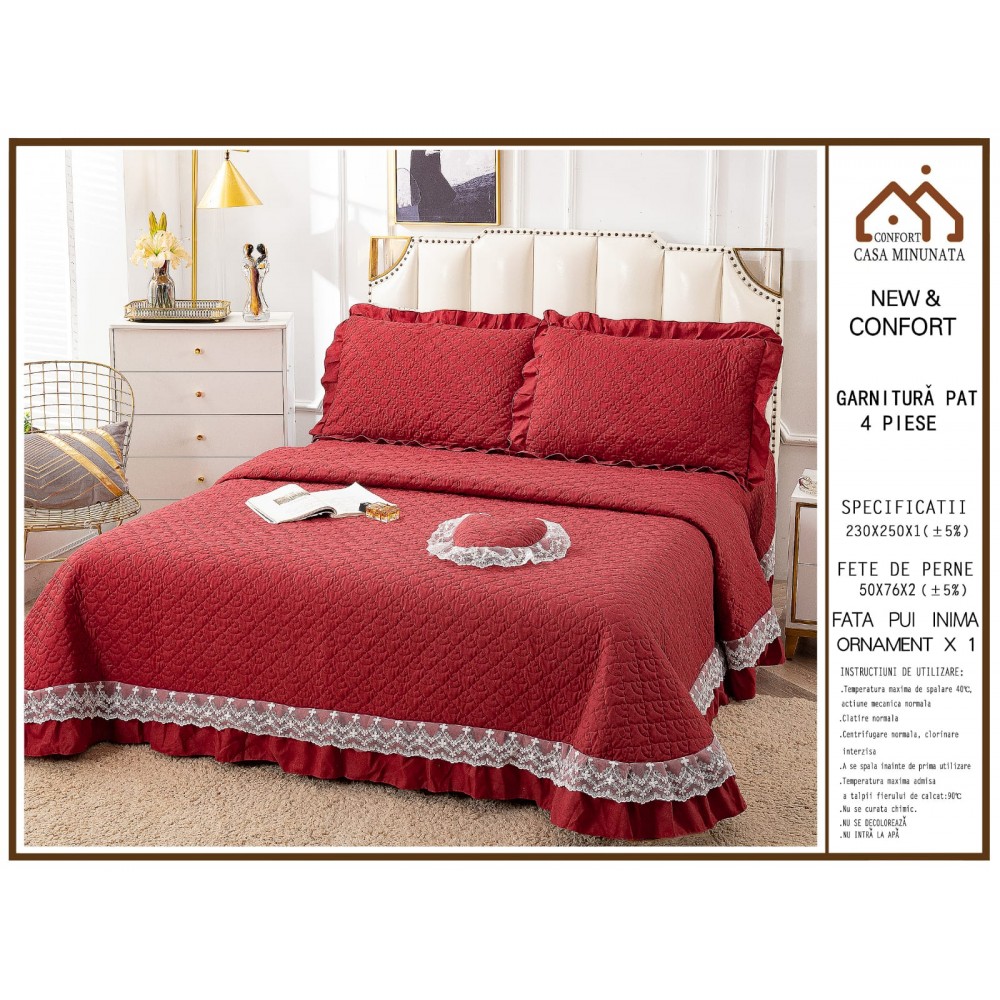 Cuvertura pat dublu din Bumbac Finet cu Broderie, 4 PIESE, VISINIU , CBUP5 CUVERTURI BUMBAC 4 PIESE