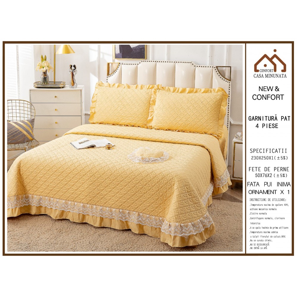 Cuvertura pat dublu din Bumbac Finet cu Broderie, 4 PIESE, GALBEN, CBUP9 CUVERTURI BUMBAC 4 PIESE