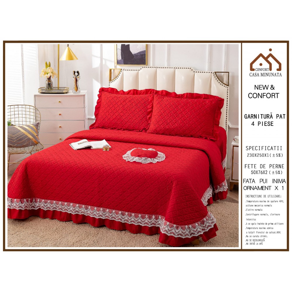 Cuvertura pat dublu din Bumbac Finet cu Broderie, 4 PIESE, ROSU, CBUP13 CUVERTURI BUMBAC 4 PIESE