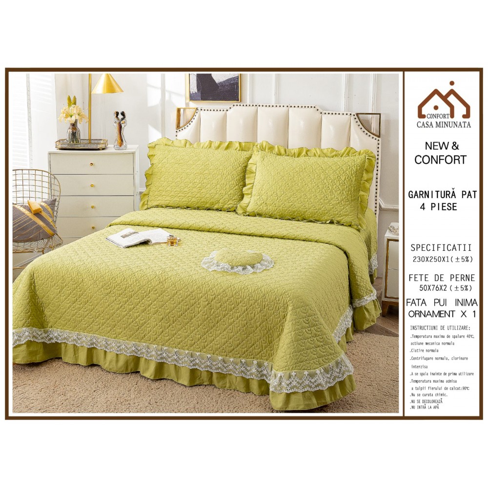 Cuvertura pat dublu din Bumbac Finet cu Broderie, 4 PIESE, VERNIL , CBUP14 CUVERTURI BUMBAC 4 PIESE
