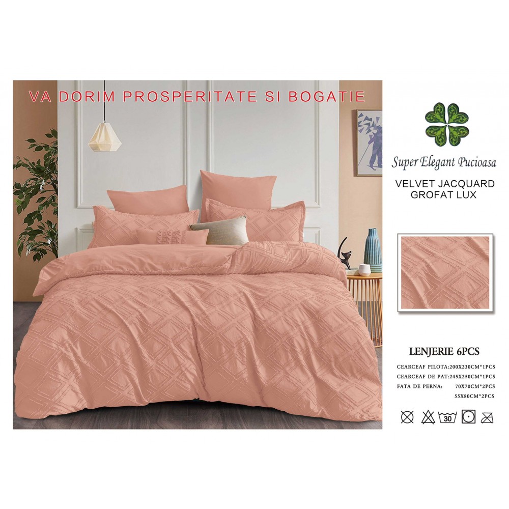 Lenjerie de pat bumbac Velvet Jacquard GROFAT – 6 piese LF6PB2 LENJERII DIN FINET 6 PIESE BRODATE