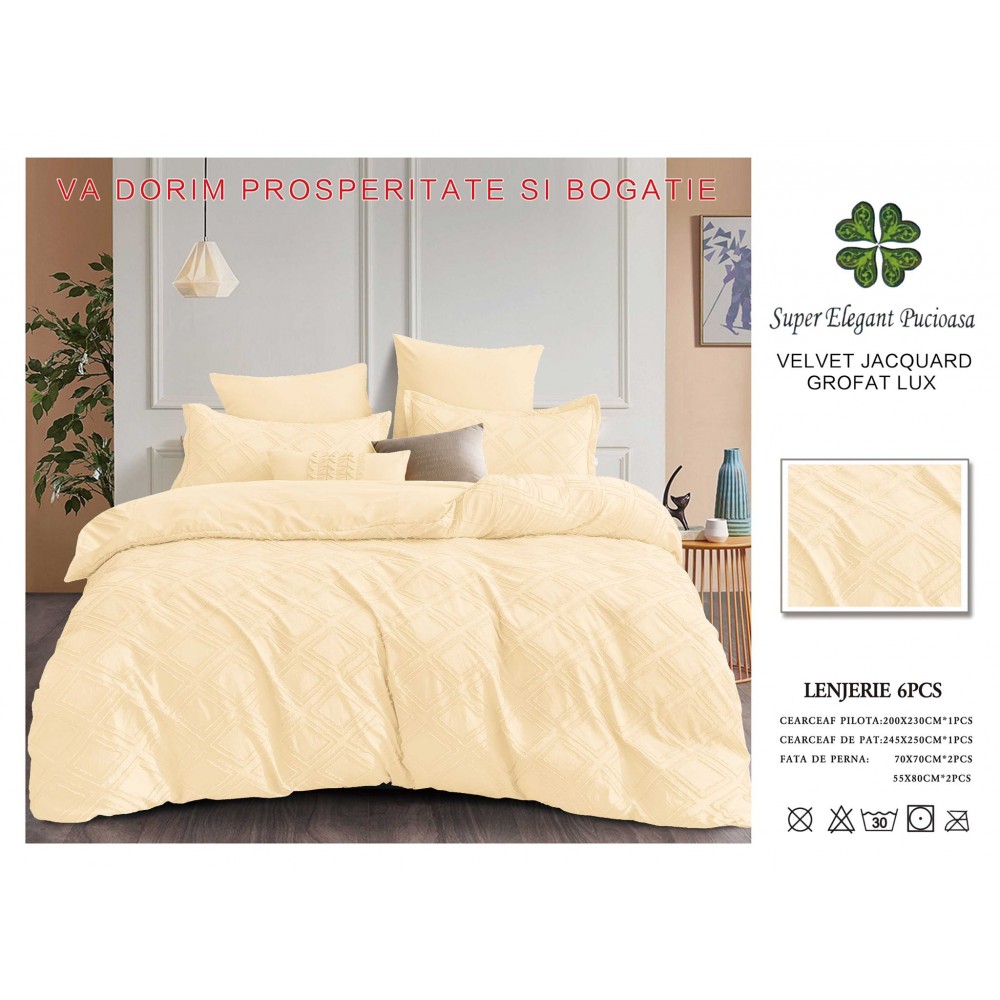 Lenjerie de pat bumbac Velvet Jacquard GROFAT – 6 piese LF6PB3 LENJERII DIN FINET 6 PIESE BRODATE