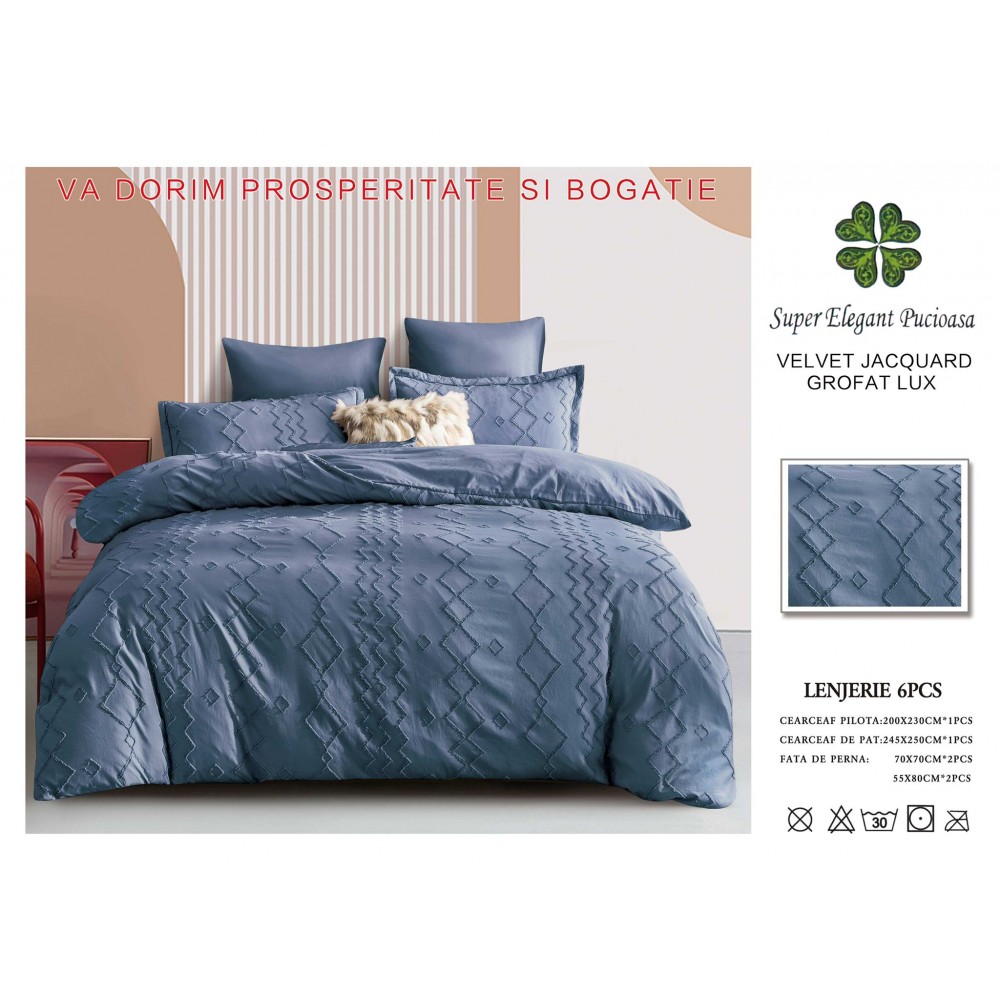 Lenjerie de pat bumbac Velvet Jacquard GROFAT – 6 piese LF6PB6 LENJERII DIN FINET 6 PIESE BRODATE