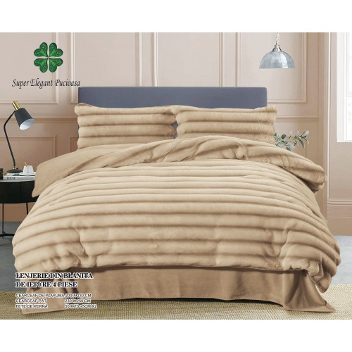 Lenjerie pufoasa  pentru pat dublu din blana artificiala de iepure 4 piese ,maro, LCIP1