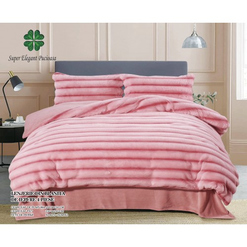 Lenjerie pufoasa  pentru pat dublu din blana artificiala de iepure 4 piese ,roz, LCIP2